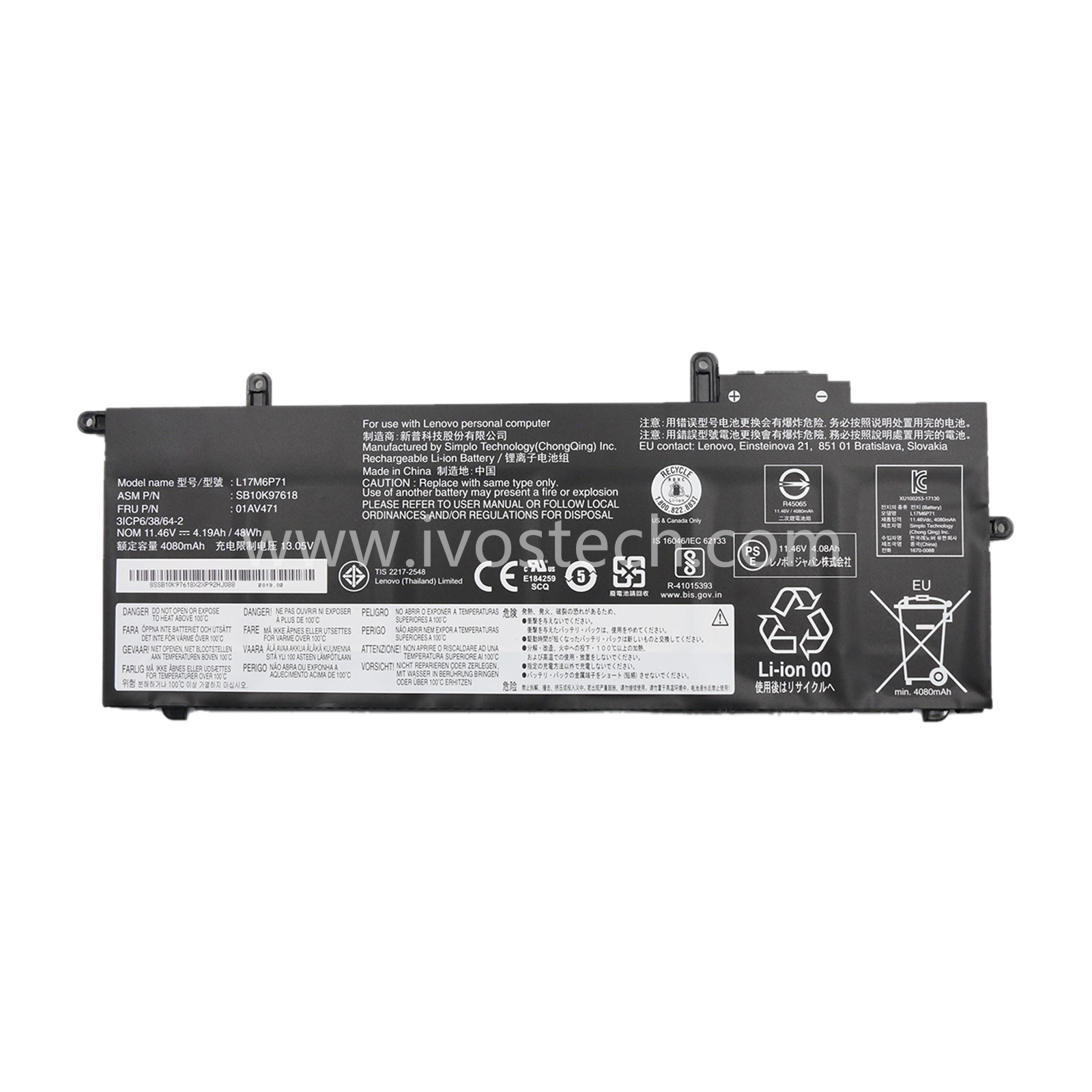 L17M6P71 01AV471 48Wh 11.46V Replacement Laptop Battery for Lenovo ThinkPad X280 A285 Series