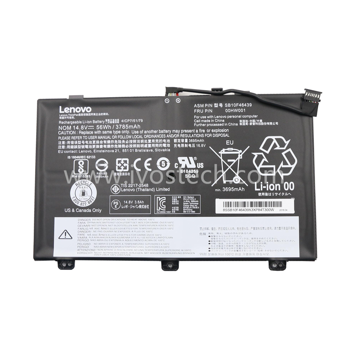 00HW001 SB10F46439 56Wh 15.2V Replacement Laptop Battery for Lenovo ThinkPad S3 Yoga 14